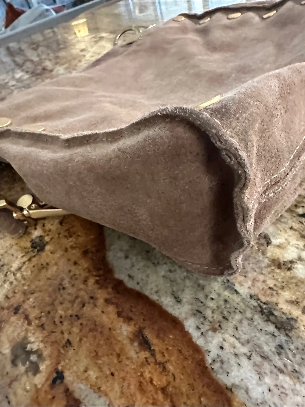 Taupe Suede Shoulder Bag with Gold Stud Accents - Women
